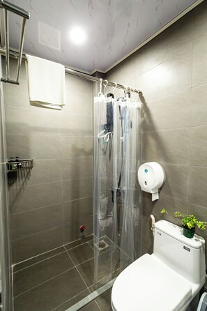 Basic-Doppelzimmer | Badezimmer | Dusche, Haartrockner, Handtücher, Seife