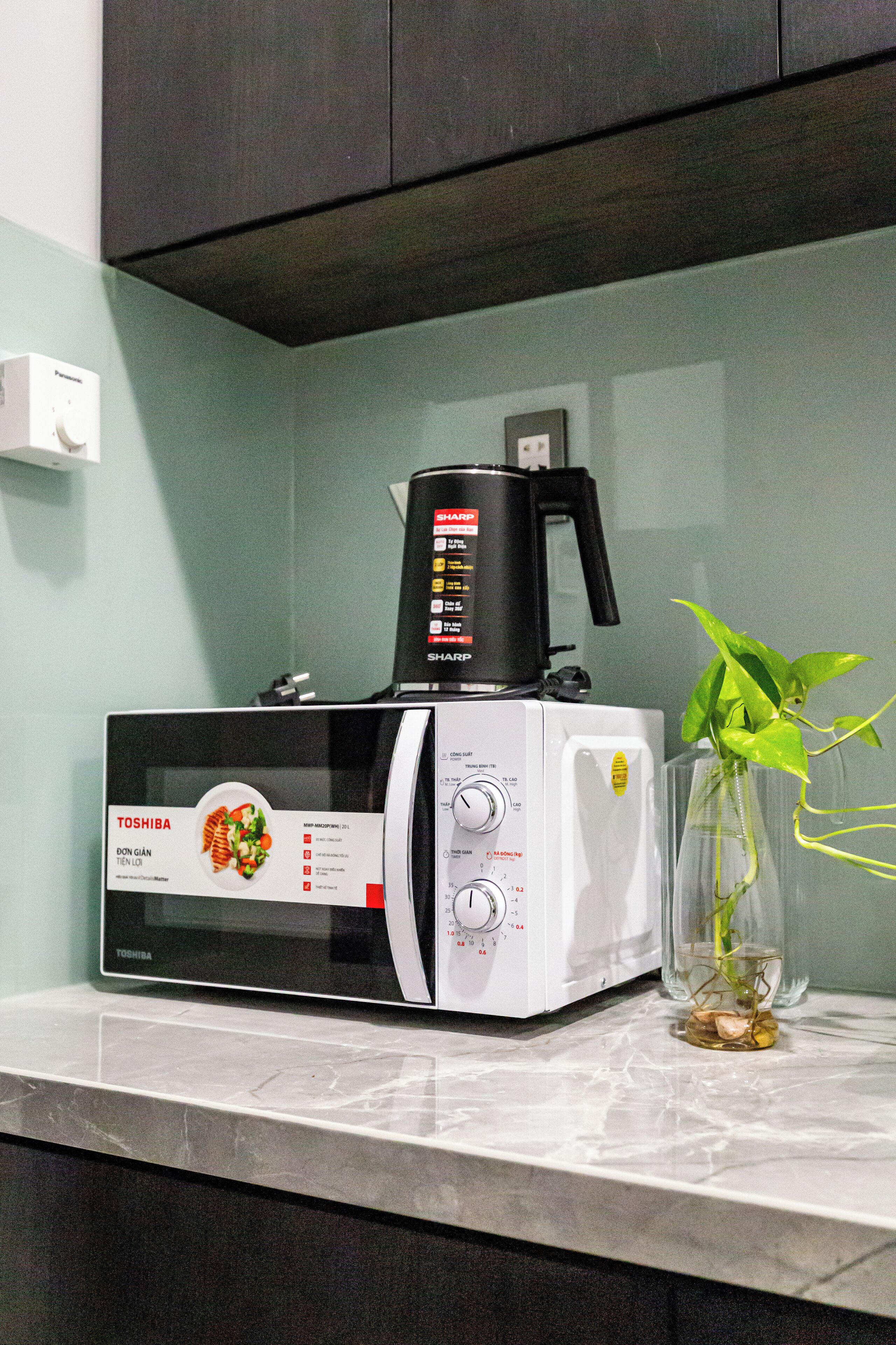Um micro-ondas Toshiba numa bancada de cozinha, ao lado de um vaso de vidro com uma planta.