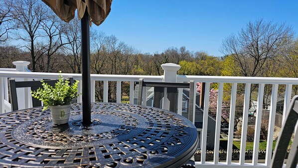 Une table ronde en métal, sur laquelle est posée une plante en pot, une balustrade blanche et, en arrière-plan, une vue sur des arbres et une maison.