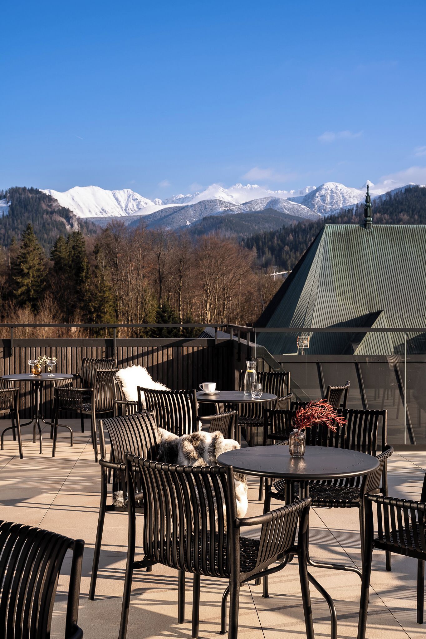 An outdoor patio with round tables and chairs, a dog, and a mountain view.
