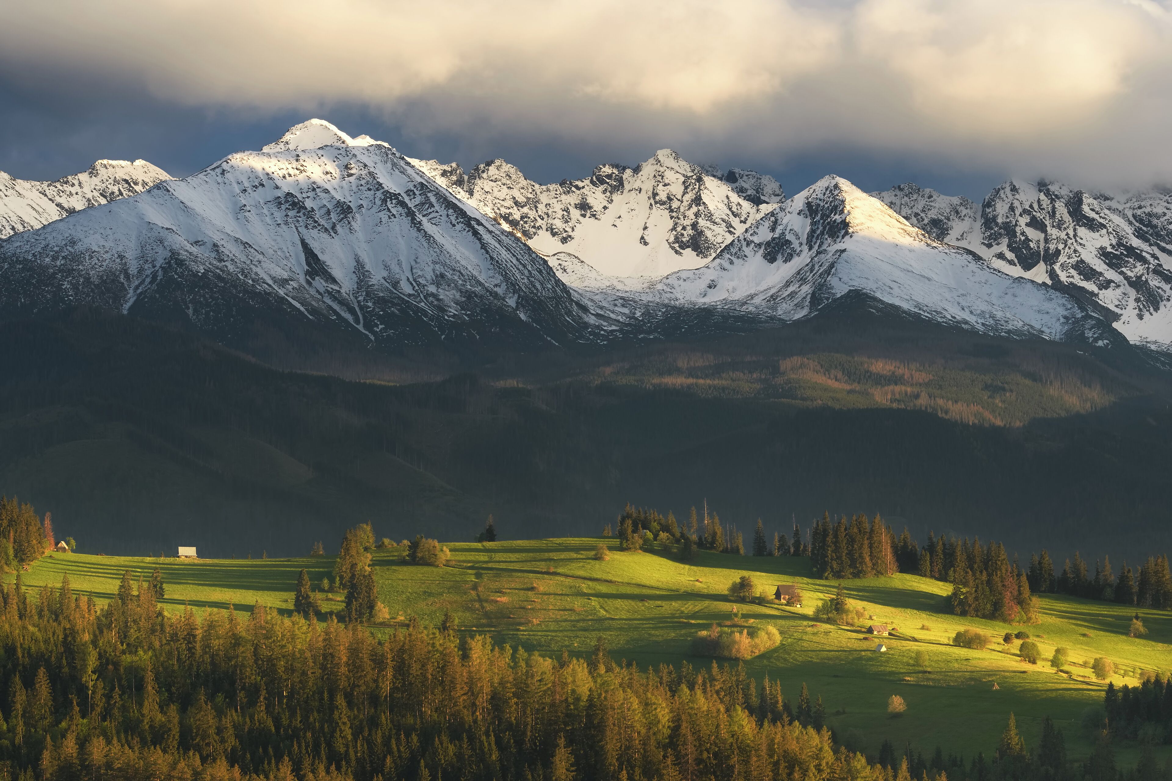 Een berglandschap met besneeuwde toppen en een vallei met groene velden en bomen.