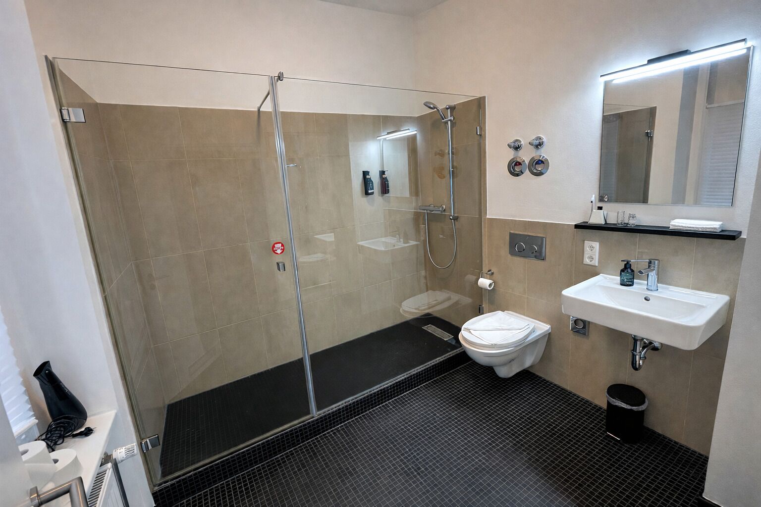 A modern bathroom with a glass-enclosed shower, a toilet, a sink, and a mirror.