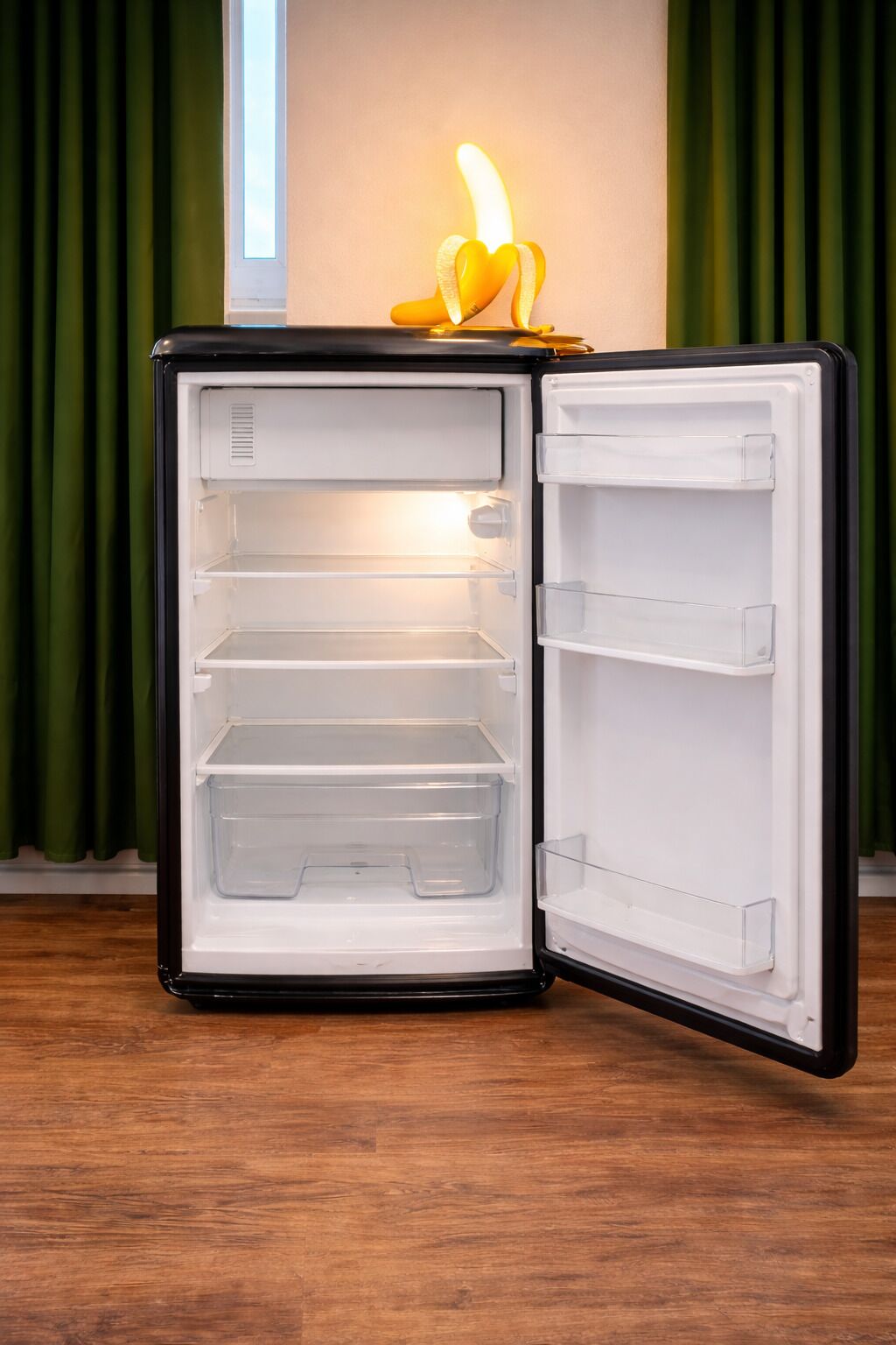Un petit réfrigérateur ouvert, avec des étagères transparentes et une banane posée sur le dessus.