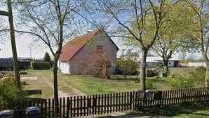 A small, rustic building with a red roof, surrounded by trees and a wooden fence. - Arbio | On Dorfstraße 82 (Nauen)