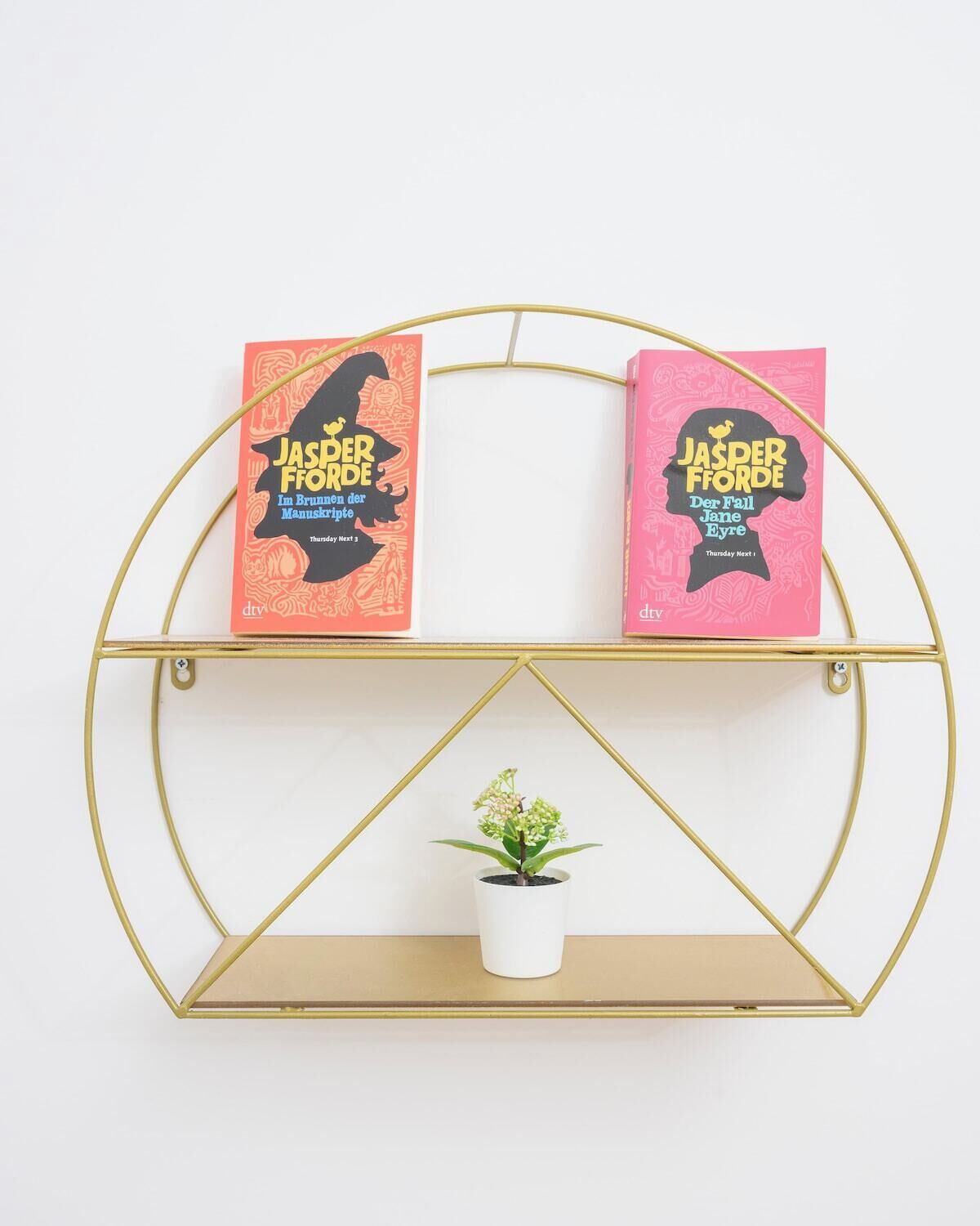 Una estantería dorada con dos libros titulados 'JASPER FÖRDE' y una pequeña planta en maceta.