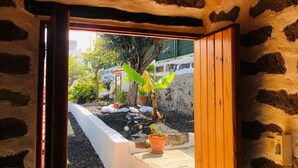 A stone-walled room with a wooden door leading to an outdoor area with steps, potted plants, and a small garden.