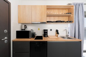 Panoramic Apartment, City View | Private kitchen | Mini-fridge, microwave, stovetop, espresso maker