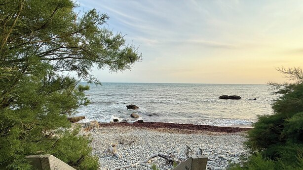 A wooden staircase leading to a pebble beach with a view of the sea and distant rocky outcrops.