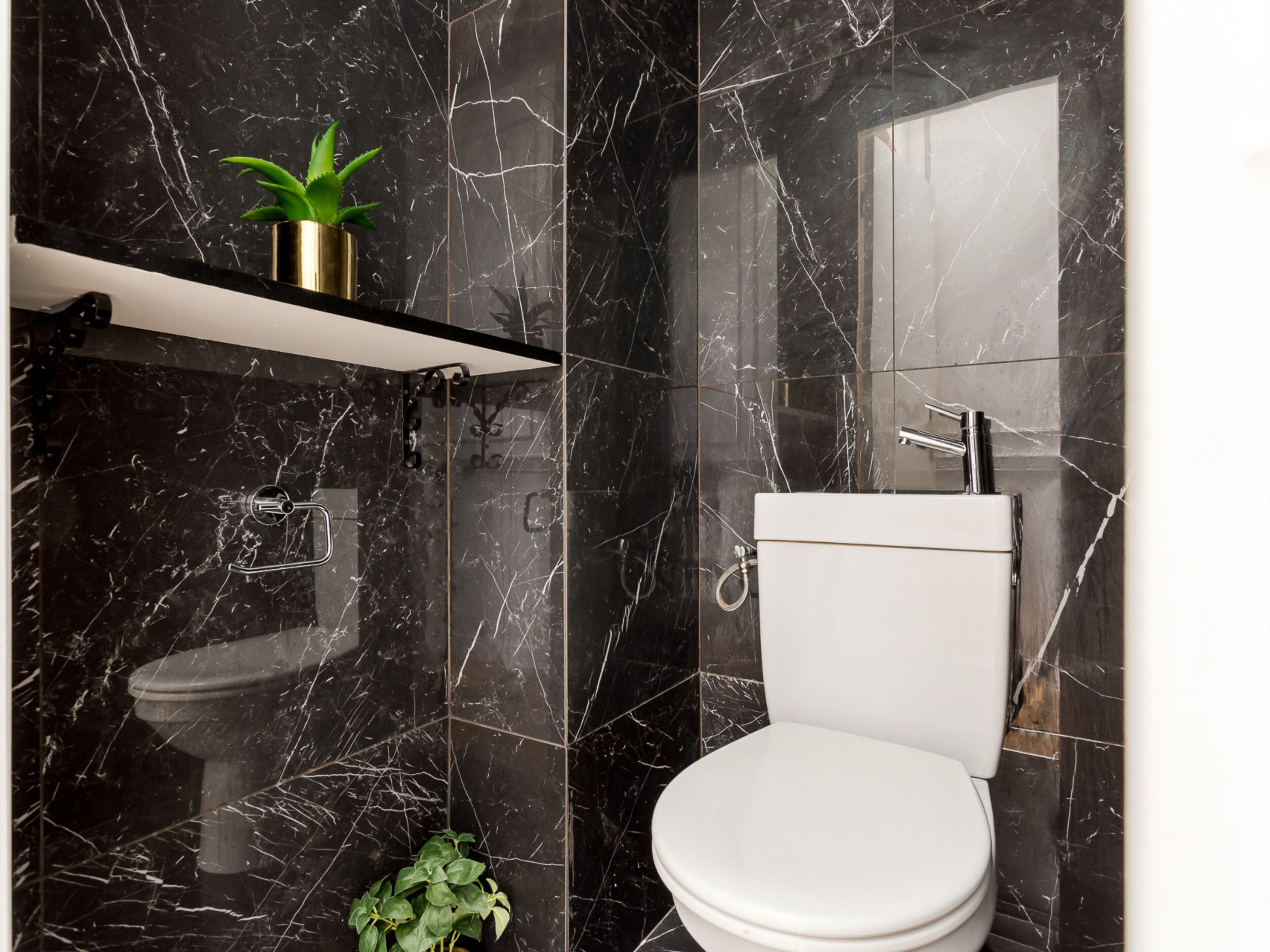 Un baño con inodoro, lavamanos y una repisa con una planta.