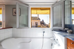 Hair dryer, towels, soap, toilet paper