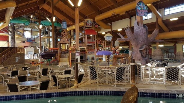 Un acquapark al chiuso con piscina, zone relax e un'ampia scultura arborea.