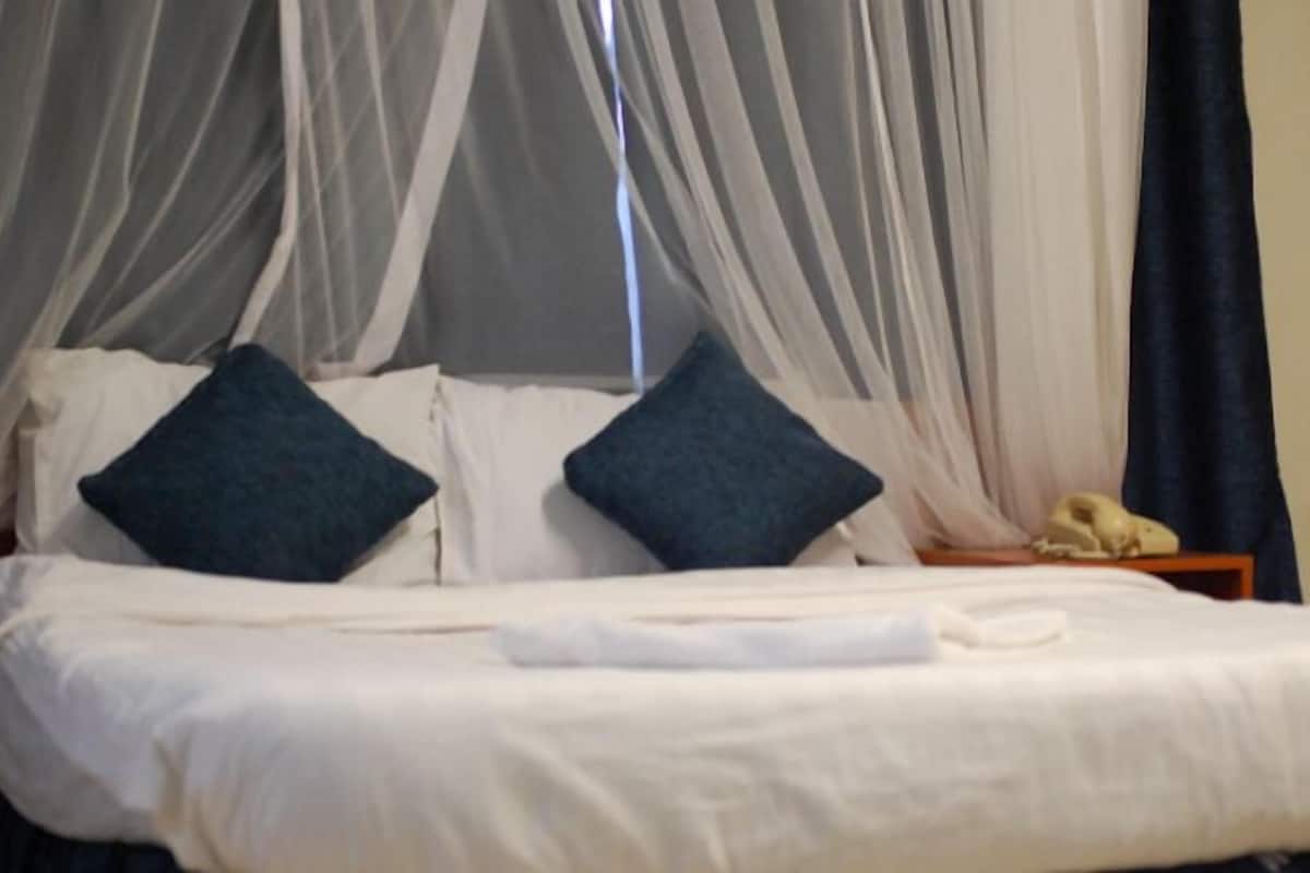 A bed with white linens, two dark pillows, and a canopy with sheer curtains.