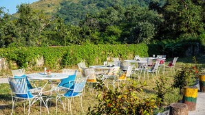 An outdoor seating area with white metal chairs and tables, surrounded by lush greenery and a hillside in the background. - Rajkunj Haveli Kumbhalgarh (Kumbhalgarh)