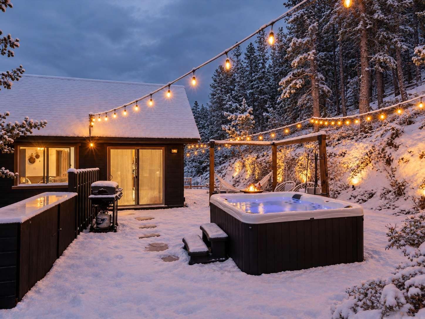A snow-covered outdoor area with a hot tub, string lights, and a wooden cabin.