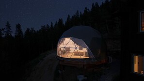 Estructura de domo geodésico con una terraza de madera y un pequeño hogar, rodeado por un bosque de noche.