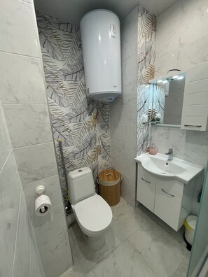 Hiustenkuivaaja, pyyhkeet, saippua, vessapaperi