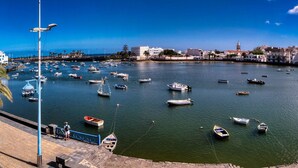 Un port de plaisance où sont amarrés de nombreux bateaux, un ciel dégagé et des bâtiments en arrière-plan.