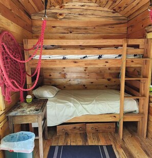 1 bedroom, bed sheets - 1 of 2 Enchanting 1 room cabins in Shapleigh, ME located on sloaping forest land (Shapleigh)