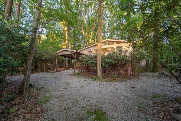 Una cabaña apartada rodeada de un bosque frondoso, con un camino de grava que lleva a la entrada.