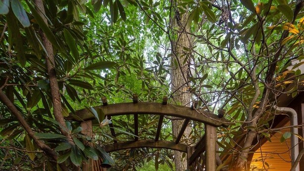 A gravel path leading through a wooden archway surrounded by trees and foliage. - Secluded Chalet near Ohiopyle and Seven Springs (Bear Rocks)