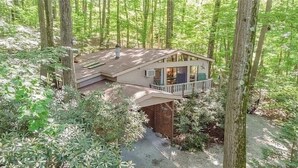 A treehouse cabin with a balcony, surrounded by dense forest. - Secluded Chalet near Ohiopyle and Seven Springs (Bear Rocks)