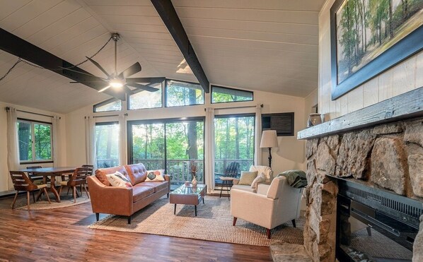 Télévision, cheminée, livres