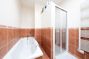 Shower, hair dryer, towels