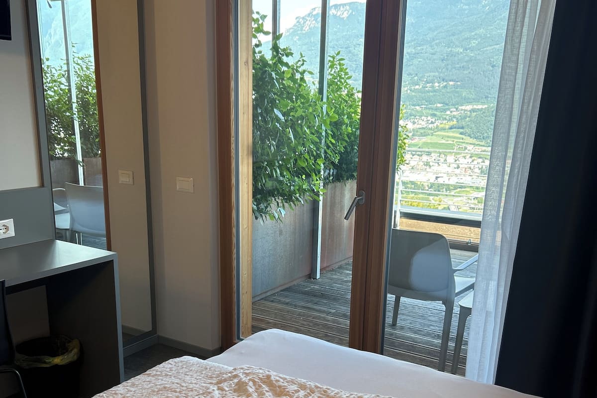 Habitación de hotel con cama, escritorio y vista a un balcón con planta y mesa.