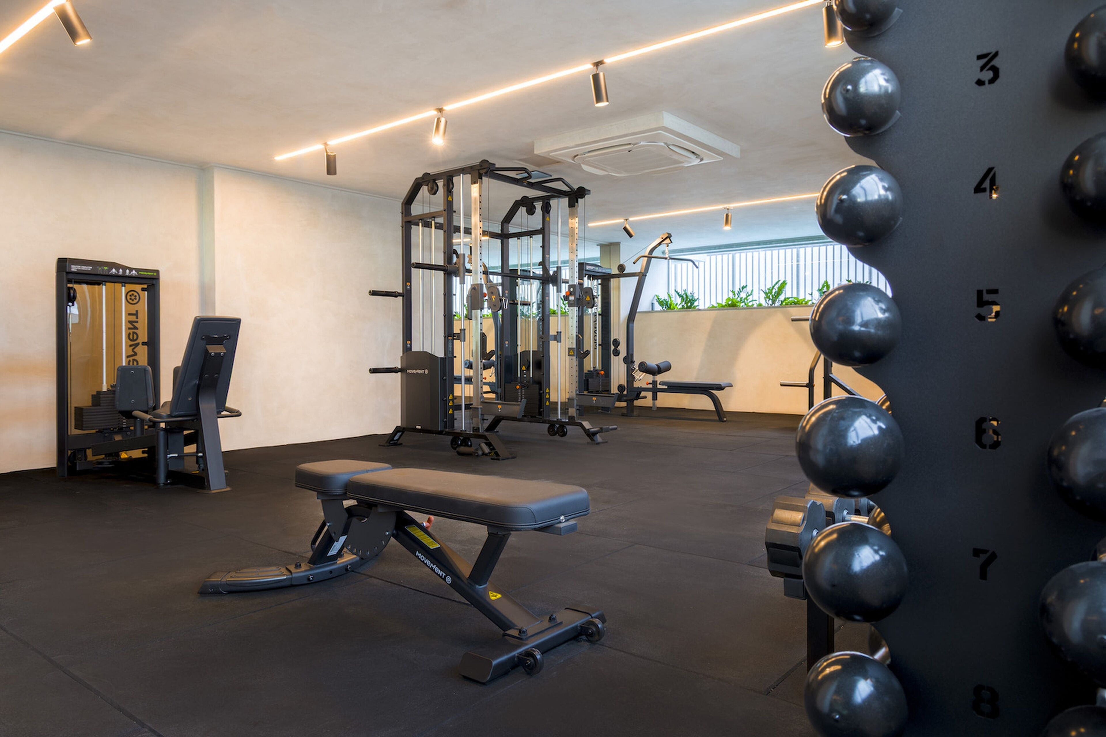Un gimnasio con varios equipos de ejercicio, incluyendo una banca, máquinas de pesas y una estructura para sentadillas.
