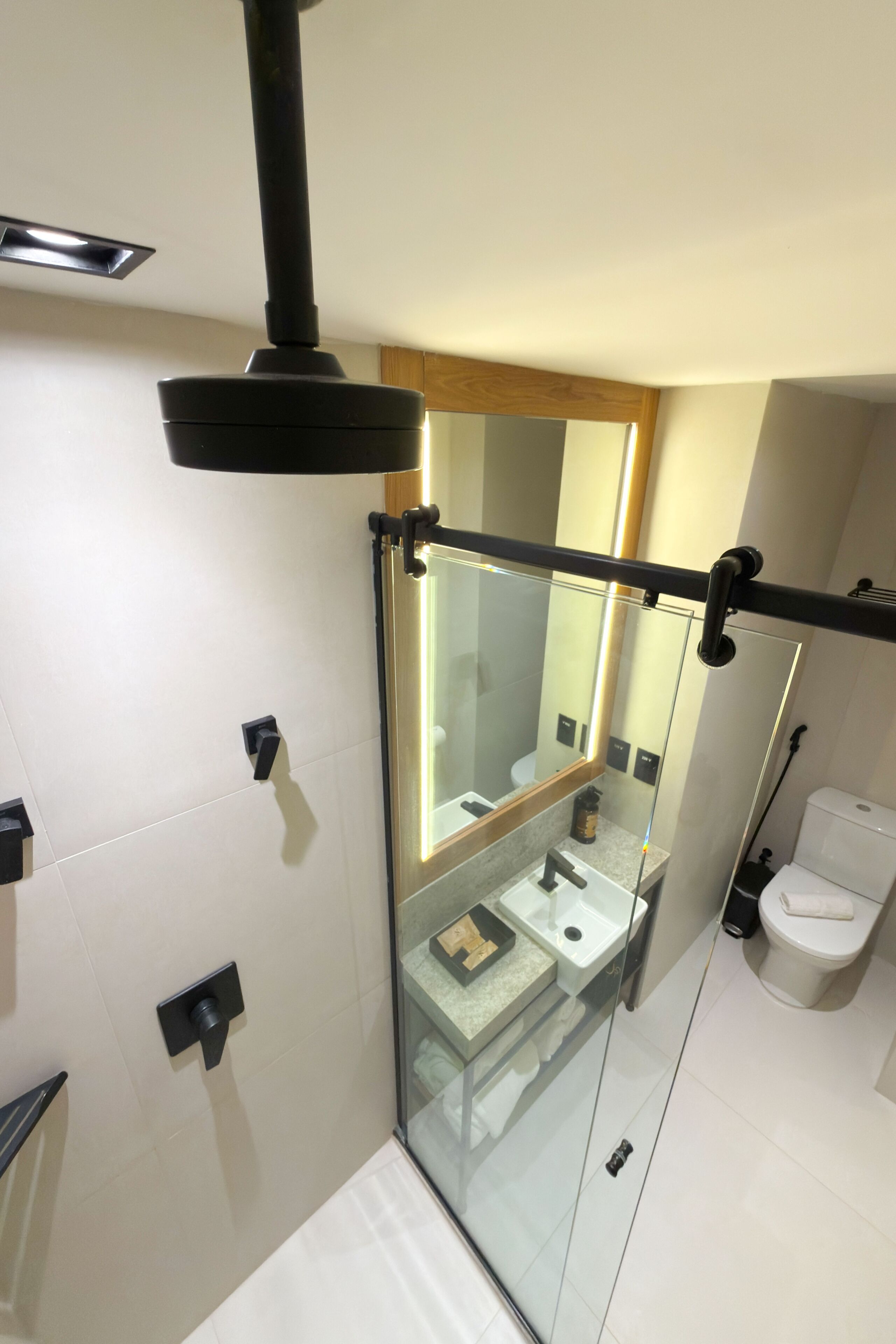 A modern bathroom with a glass shower enclosure, a visible sink, and a toilet.