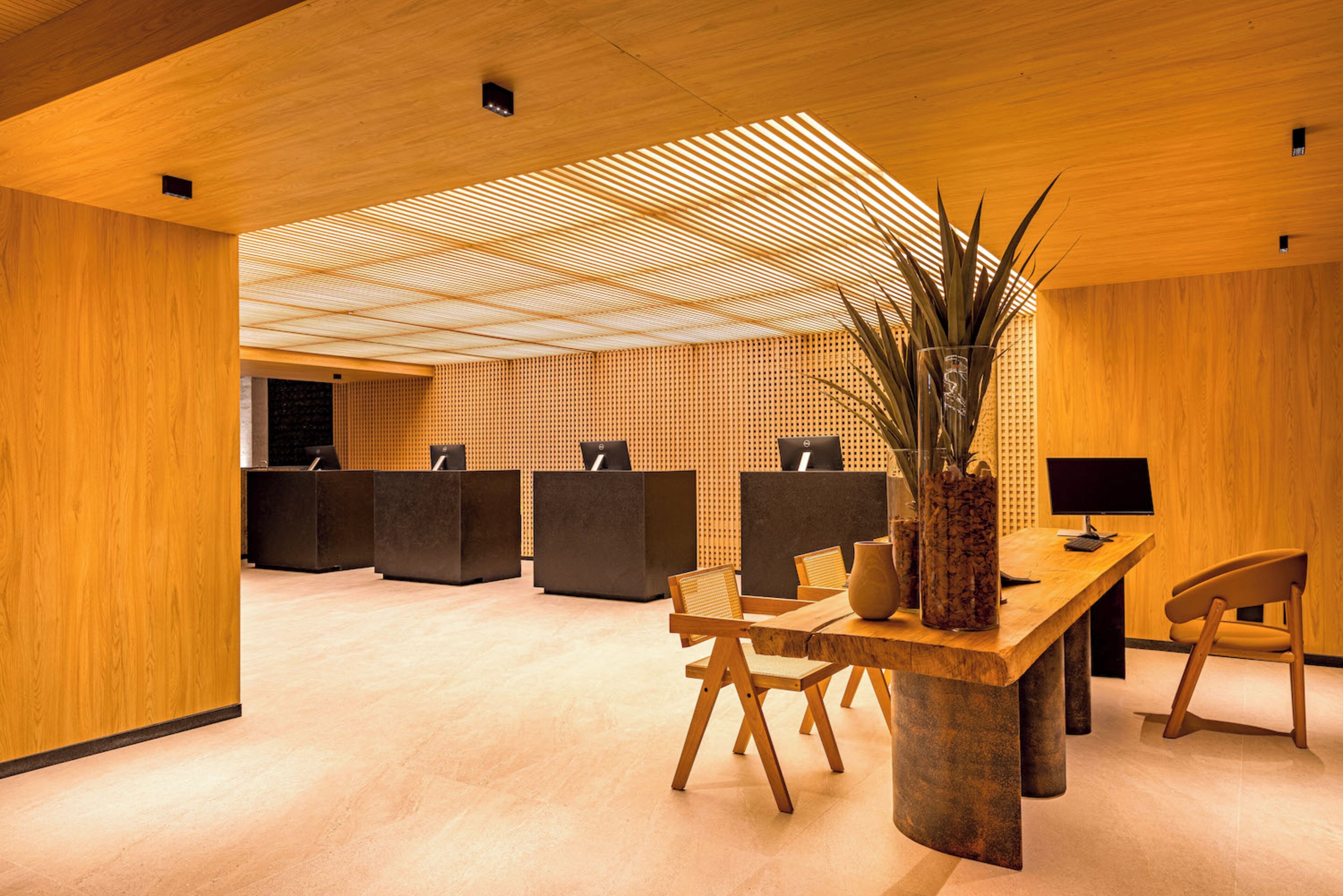 Un espace d’accueil moderne avec un lambris en bois, un comptoir d’accueil, plusieurs chaises et une grande plante en pot.