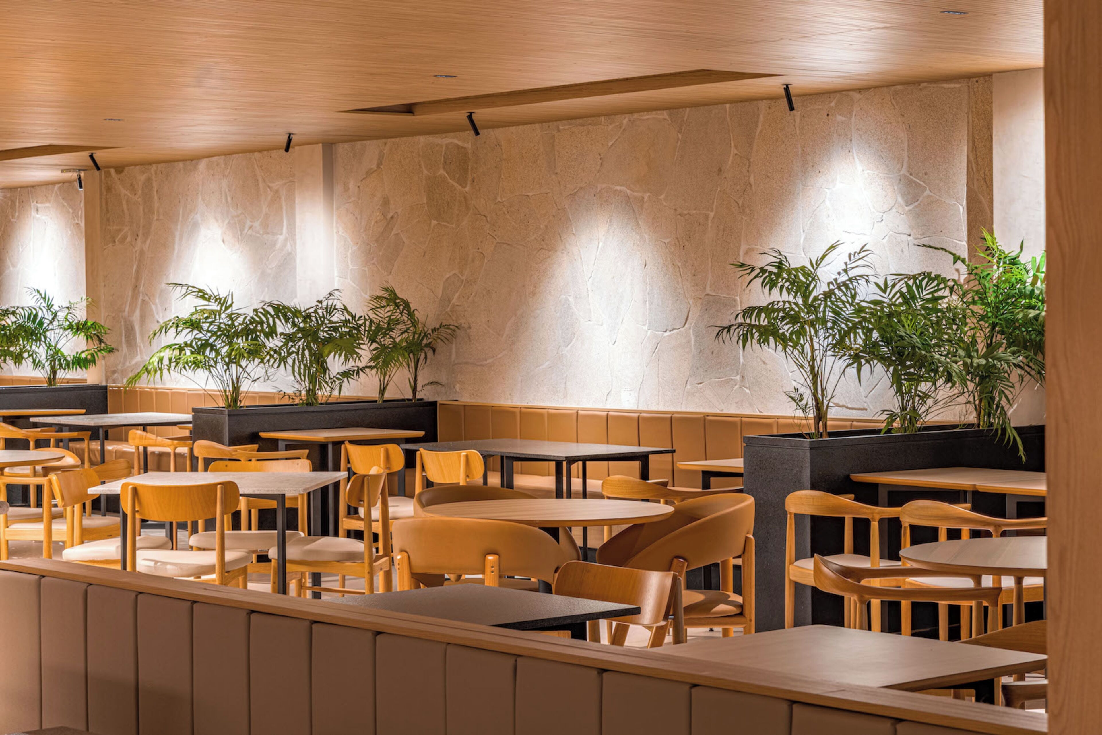 A restaurant interior with wooden tables and chairs, stone walls, and potted plants.