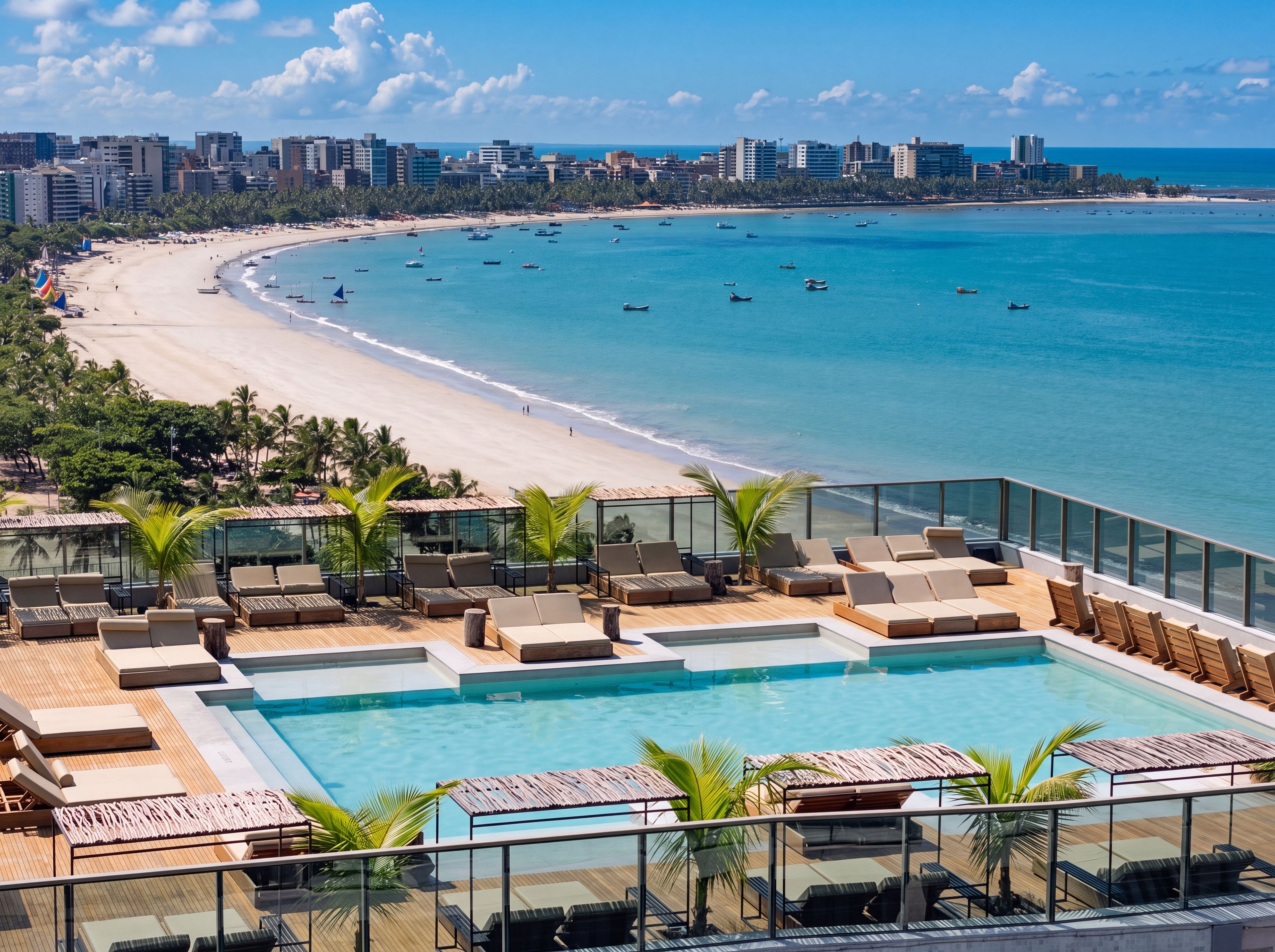 Ein Pool auf dem Dach mit Liegestühlen und Blick auf Strand und Meer.