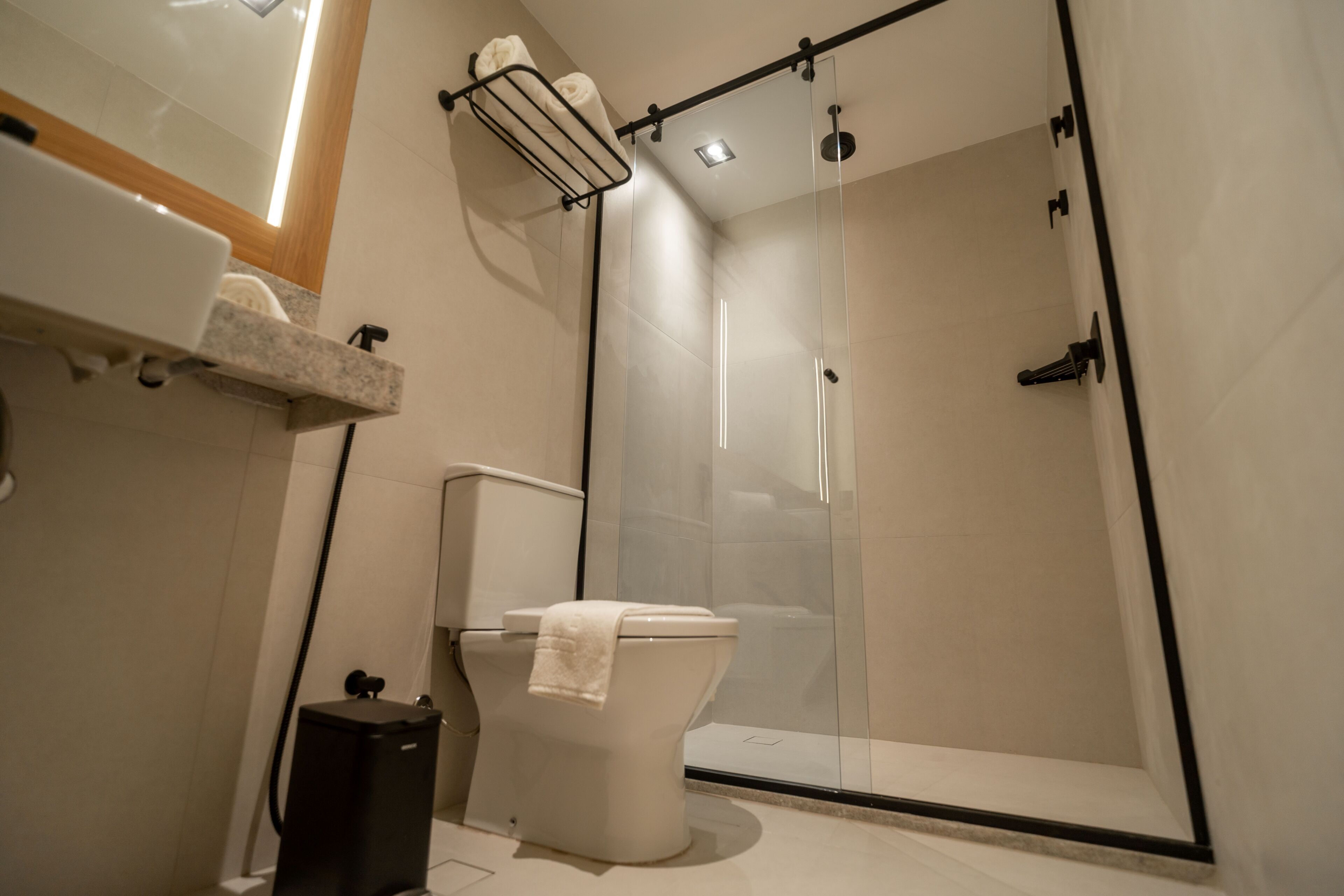 Een moderne badkamer met een douche met glazen wand, toilet en wastafel.