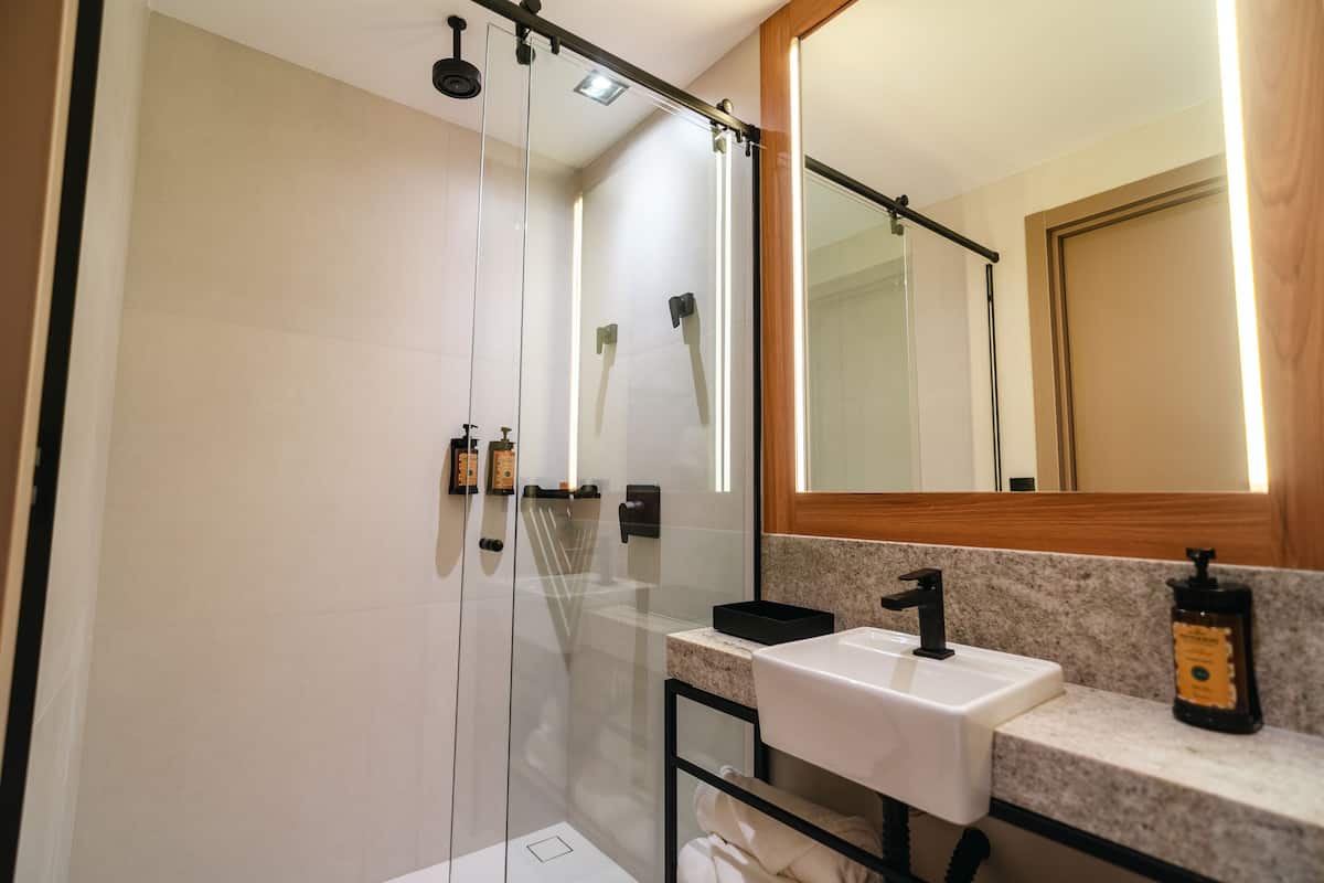 Chuveiro, secador de cabelo, toalhas de banho, sabonete