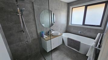 Chuveiro, secador de cabelo, toalhas de banho, sabonete
