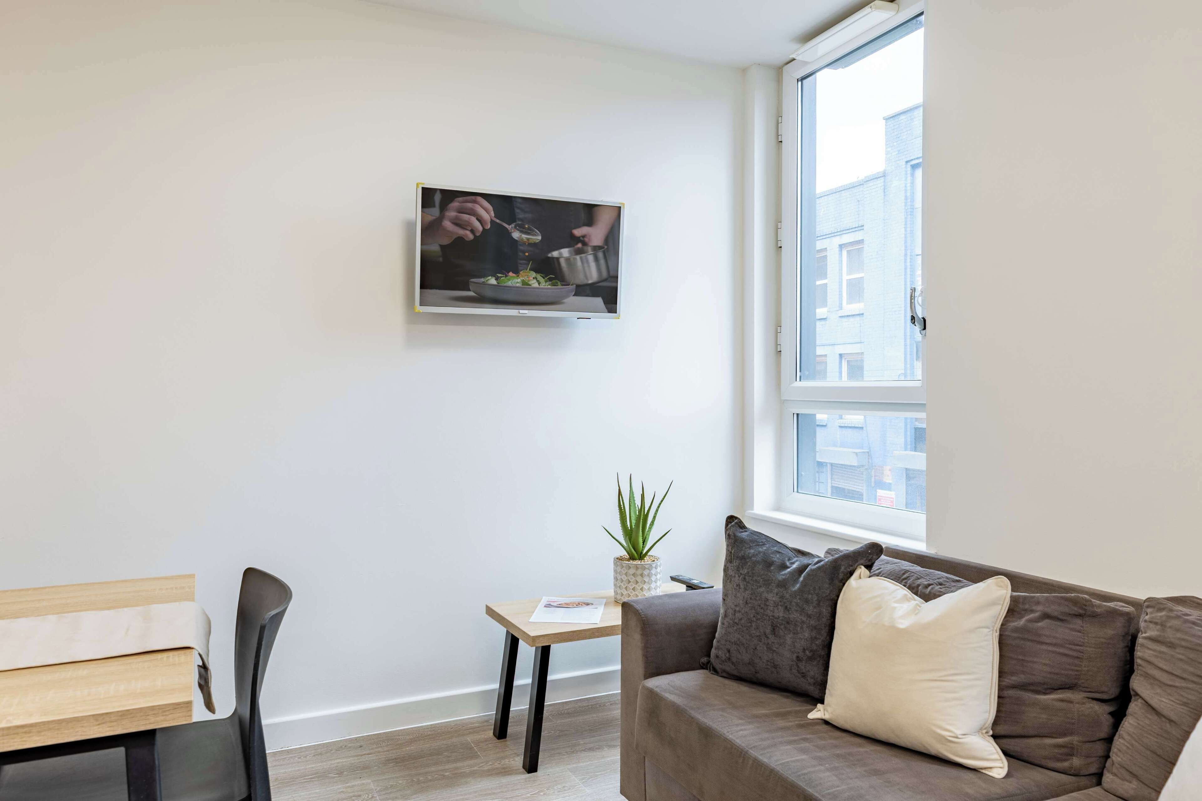 A modern living room with a flat-screen TV mounted on the wall, a small table with a plant, a sofa with cushions, and a window with a view of buildings.