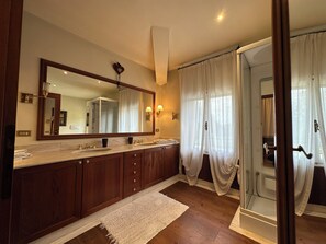 Hair dryer, bidet, towels, soap