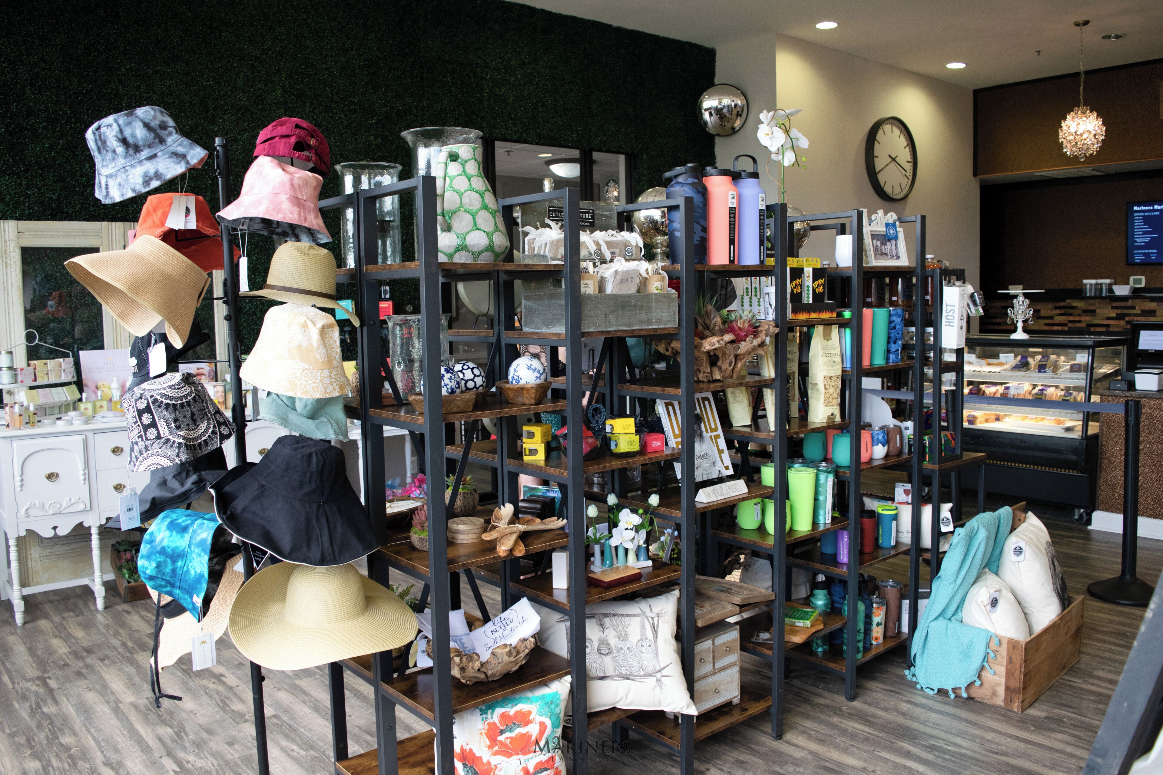 A store with shelves of hats and various items.