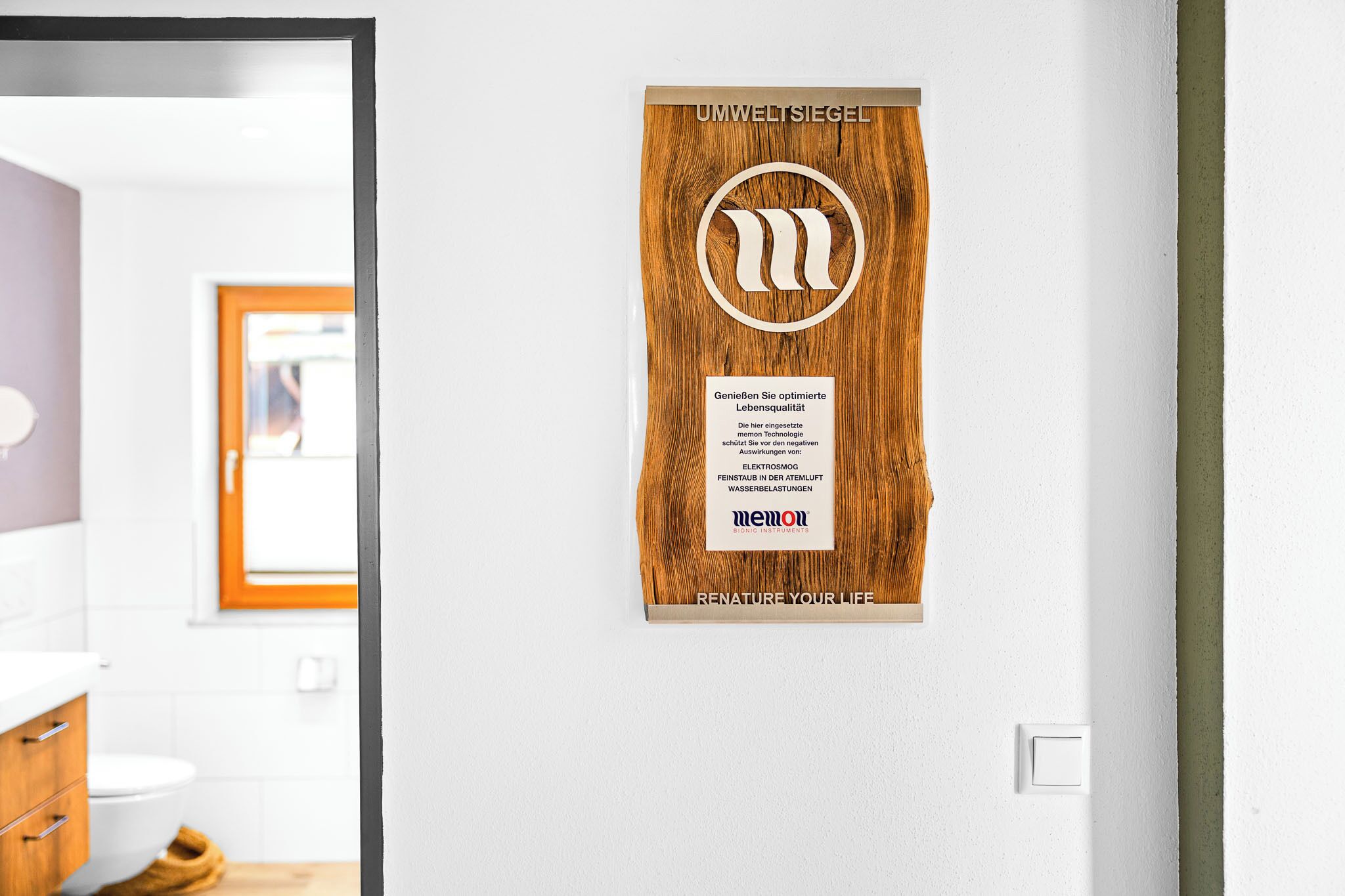 A bathroom with a wooden panel, a framed picture, and a white wall.