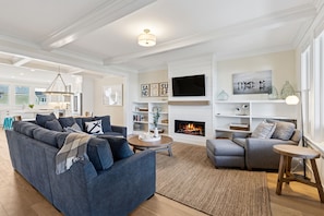 Smart TV, fireplace, books