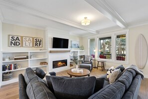 Smart TV, fireplace, books