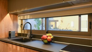 Une cuisine moderne avec un évier en acier inoxydable, un saladier de fruits posé sur le plan de travail et une fenêtre donnant sur un bâtiment et la verdure environnante.
