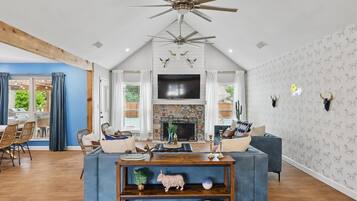 TV, fireplace, offices