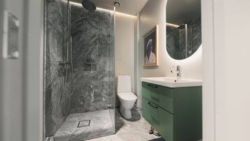 Ducha, secador de pelo, toallas y jabón