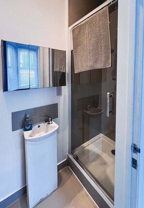 Hair dryer, towels, soap, toilet paper