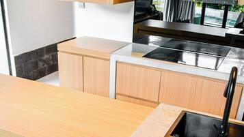 Comfort Apartment, Pool View | Private kitchen | Full-size fridge, microwave, stovetop