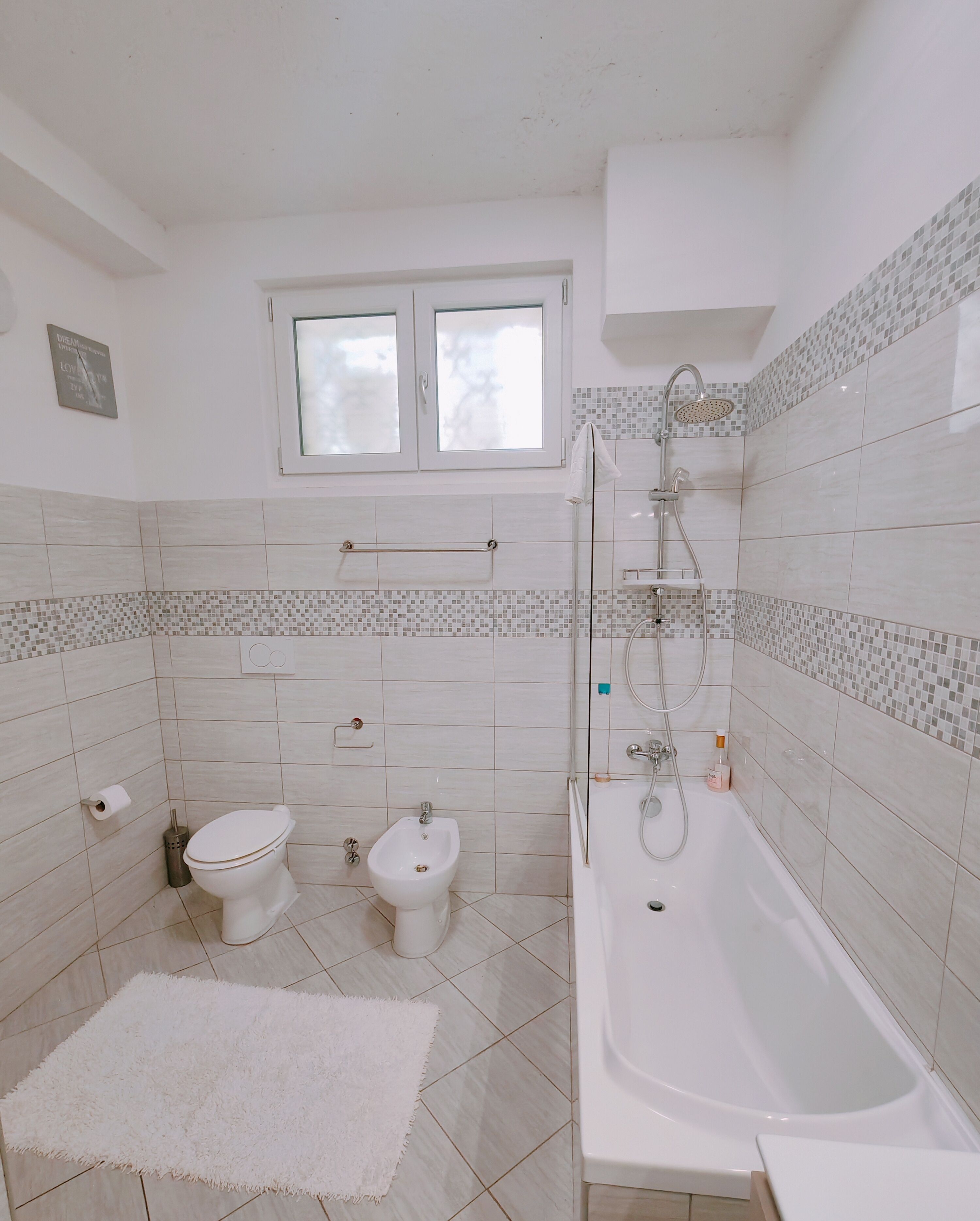 Hair dryer, towels, soap, shampoo