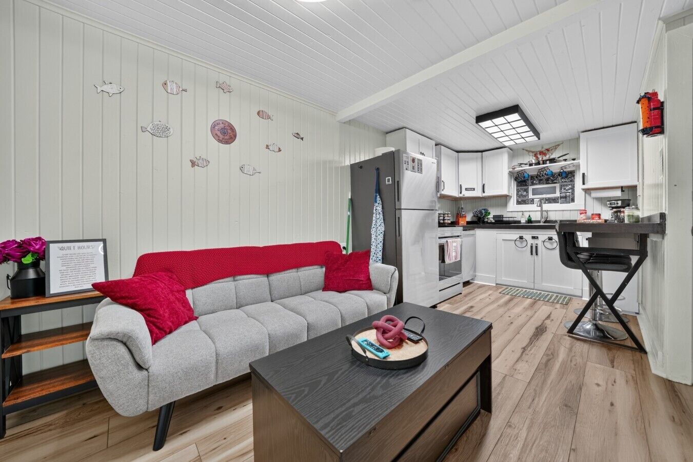 Smart TV, fireplace, books