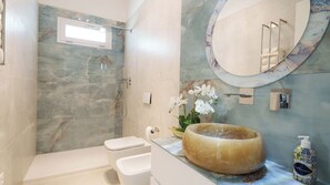Shower, hair dryer, bidet, towels